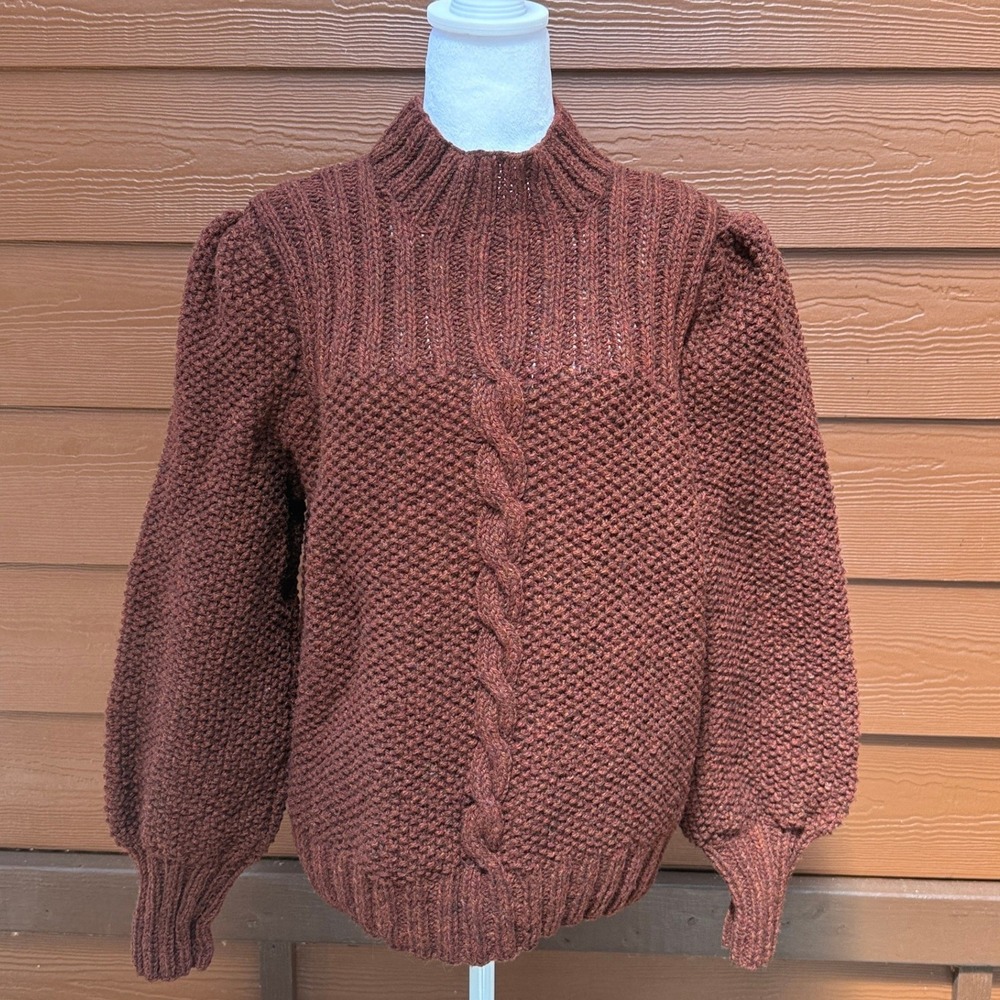 Handmade Cable Knit Sweater Womens Medium Brown Puff Sleeve Mock Neck Chunky